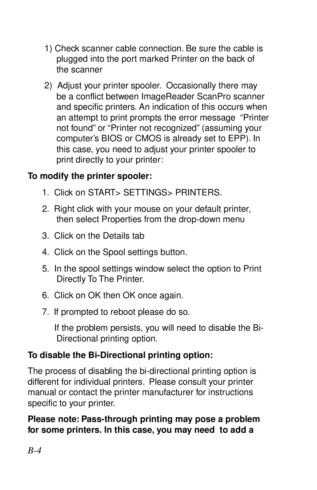 IBM Ricoh ScanPro user manual To modify the printer spooler, To disable the Bi-Directional printing option 