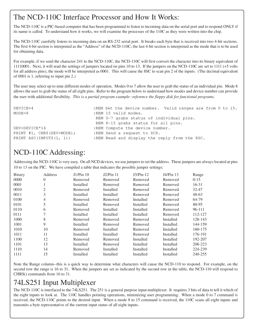 IBM RS-232 manual NCD-110C Interface Processor and How It Works, NCD-110C Addressing, 74LS251 Input Multiplexer 