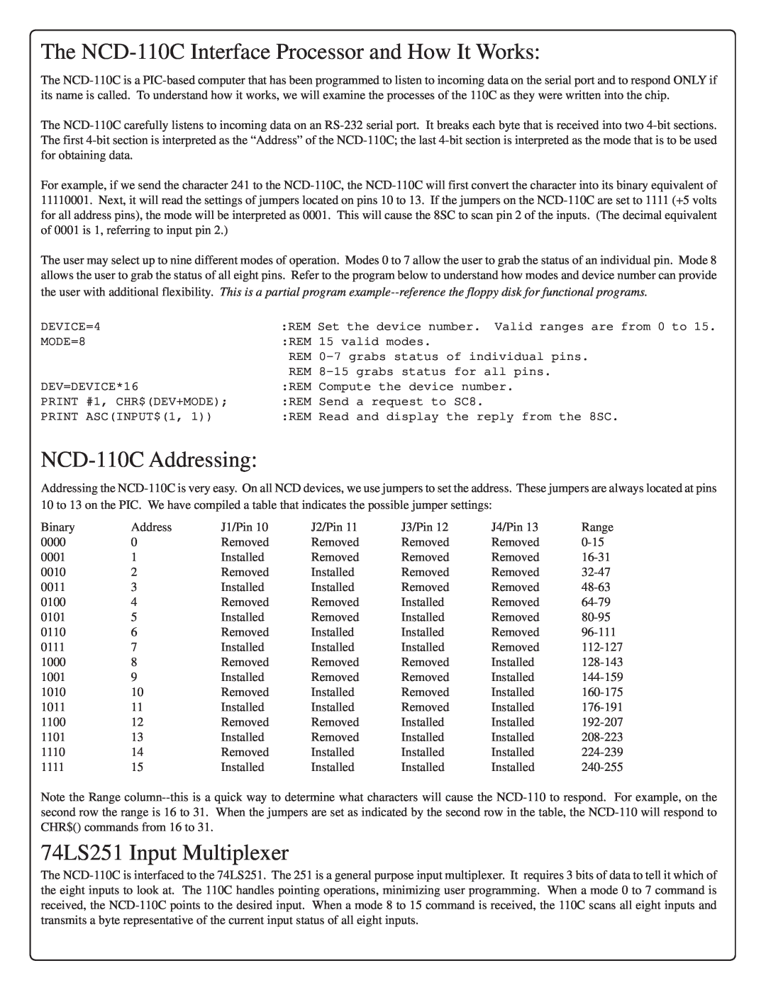 IBM RS-232 manual The NCD-110C Interface Processor and How It Works, NCD-110C Addressing, 74LS251 Input Multiplexer 