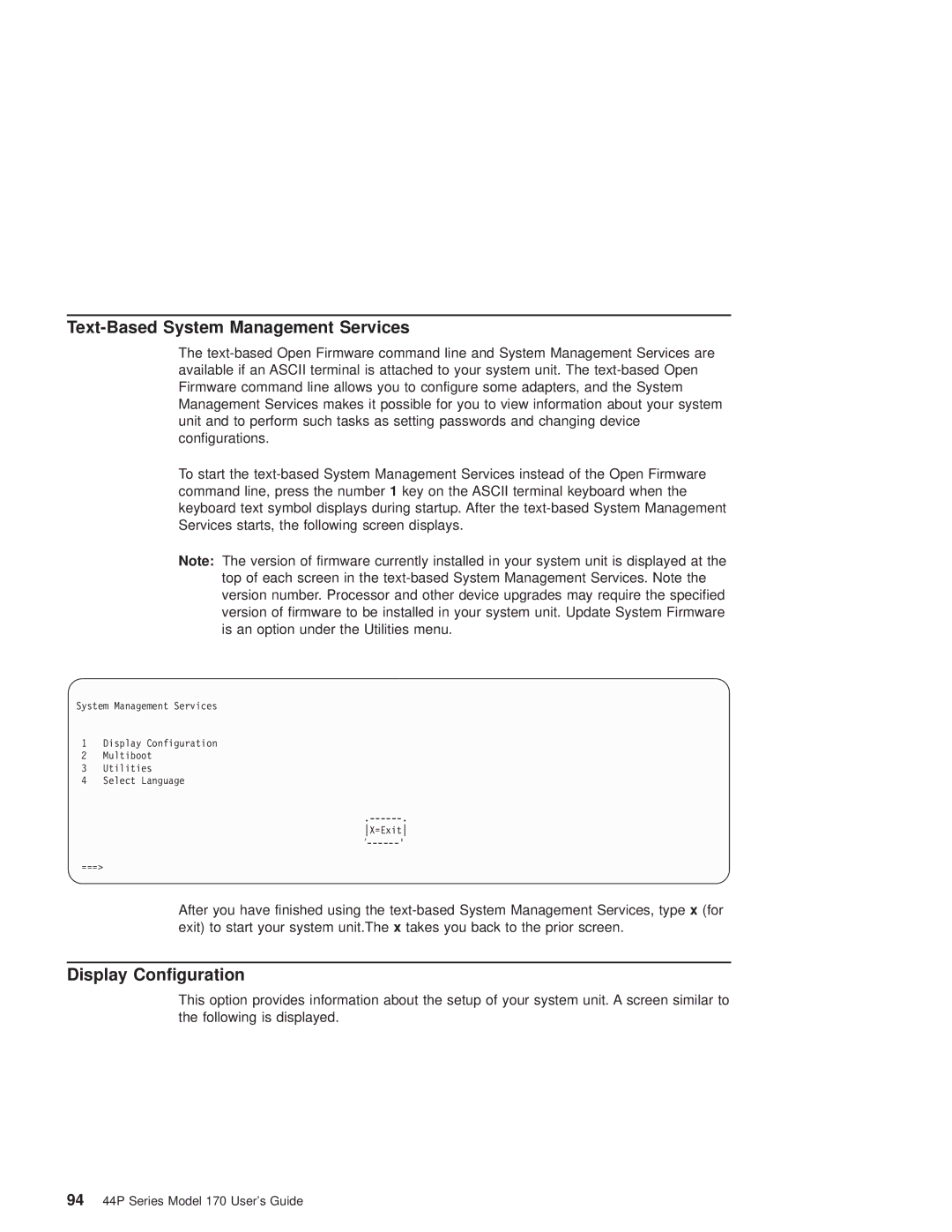 IBM RS/6000 44P manual Text-Based System Management Services, Display Configuration 