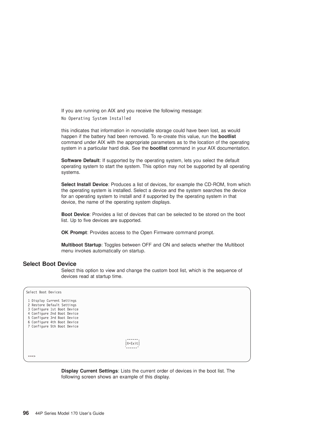 IBM RS/6000 44P manual Select Boot Device, 96 44P Series Model 170 Users Guide 