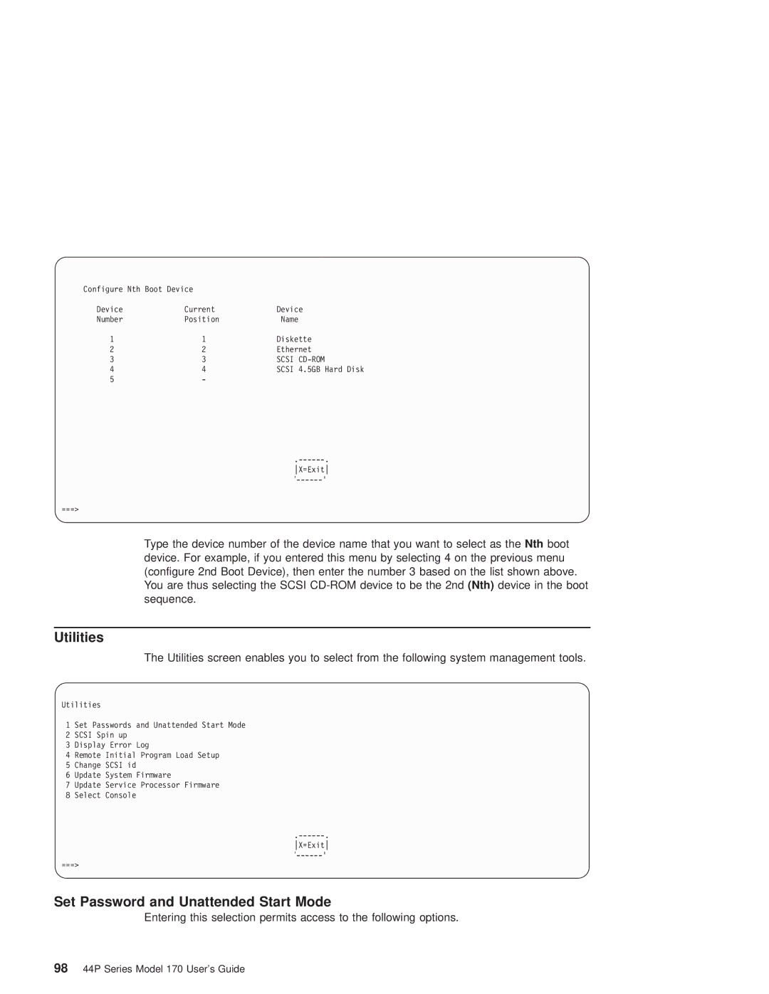 IBM RS/6000 44P manual Set Password and Unattended Start Mode, 98 44P Series Model 170 Users Guide 