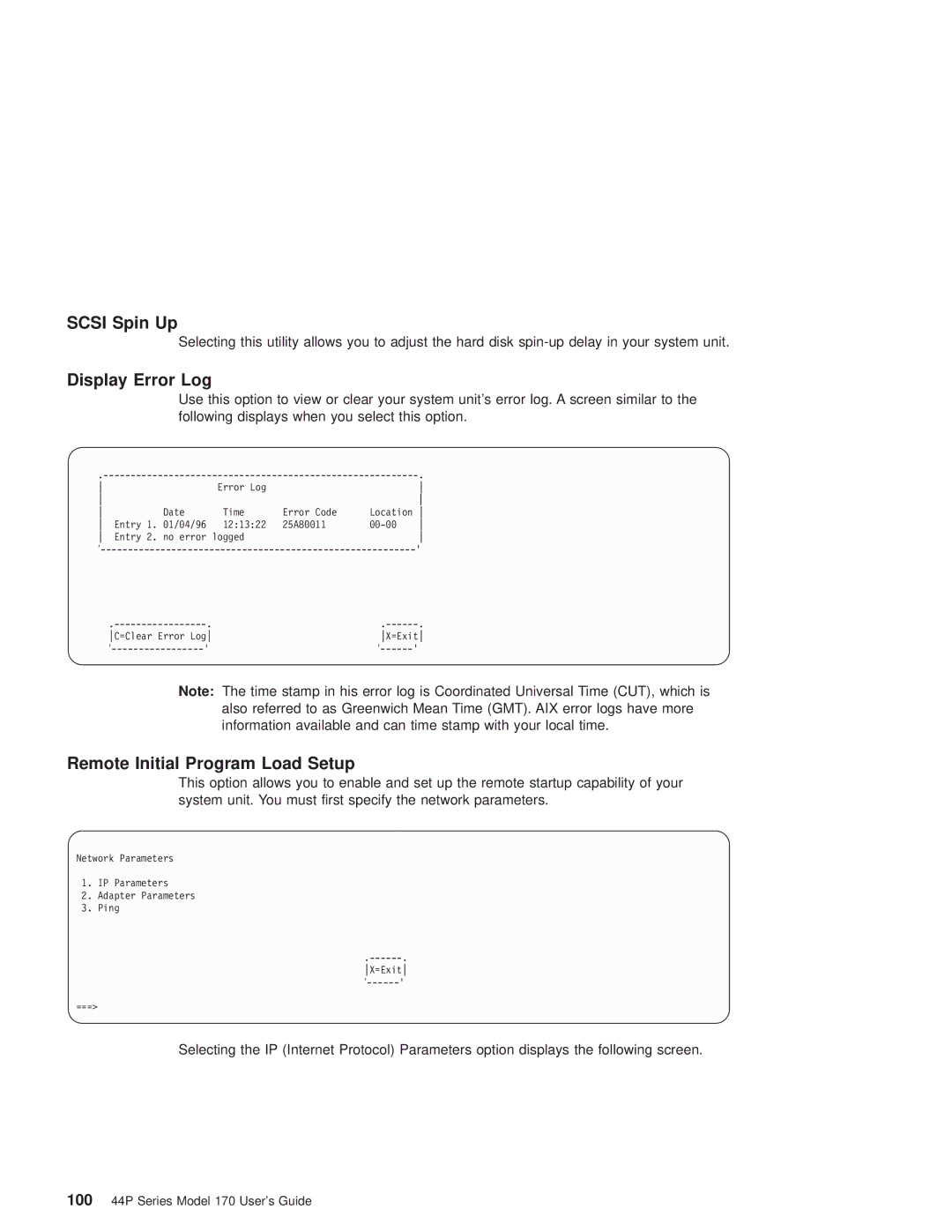 IBM RS/6000 44P manual Scsi Spin Up, Display Error Log, Remote Initial Program Load Setup 