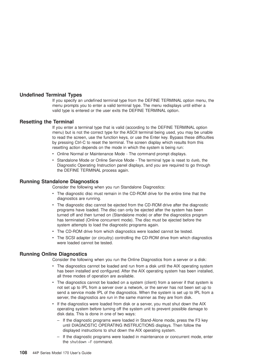 IBM RS/6000 44P manual Undefined Terminal Types, Resetting the Terminal, Running Standalone Diagnostics 