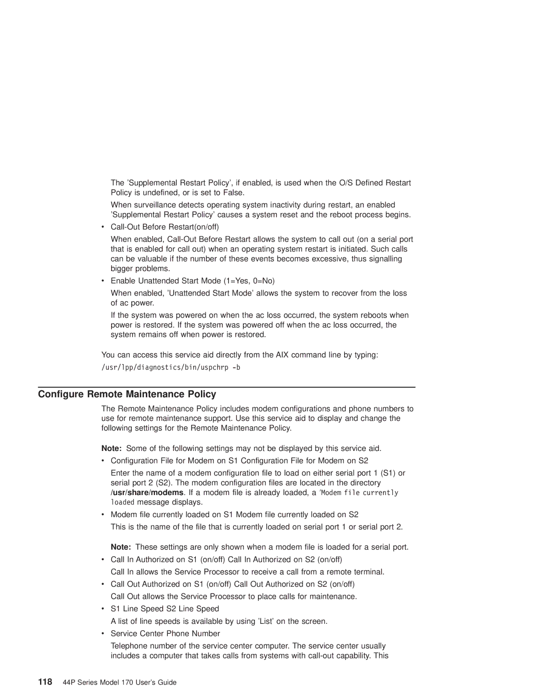 IBM RS/6000 44P manual Configure Remote Maintenance Policy 