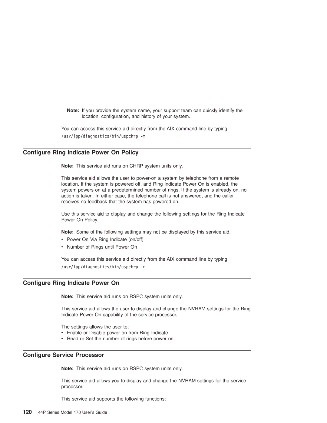 IBM RS/6000 44P manual Configure Ring Indicate Power On Policy, Configure Service Processor 