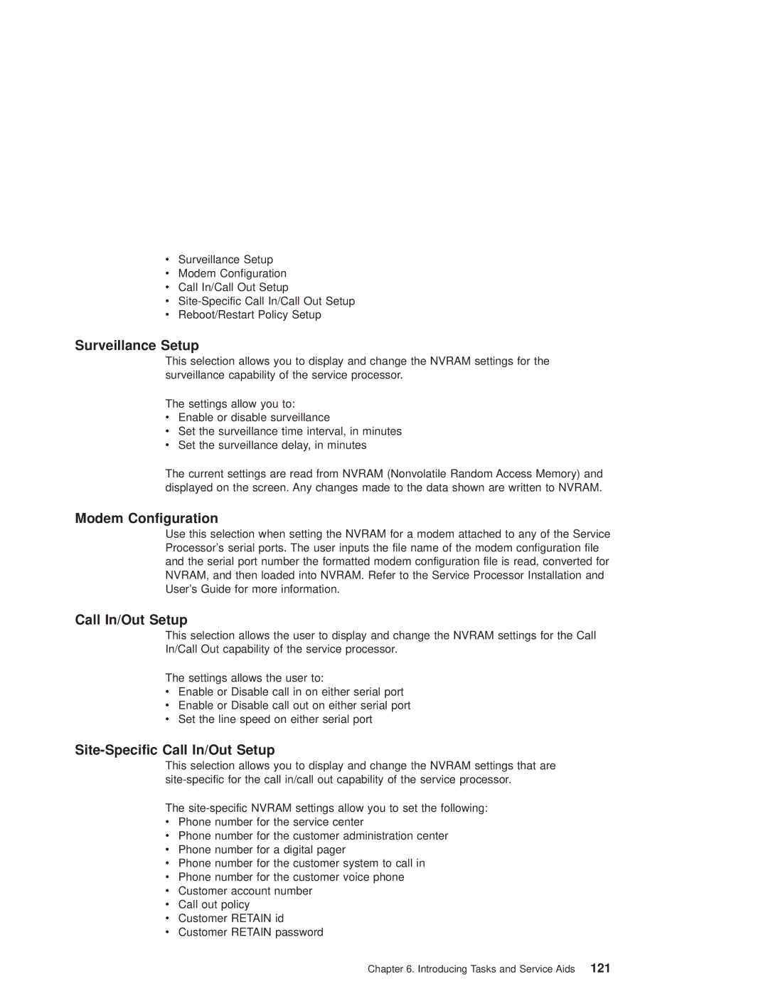 IBM RS/6000 44P manual Surveillance Setup, Modem Configuration, Site-Specific Call In/Out Setup 