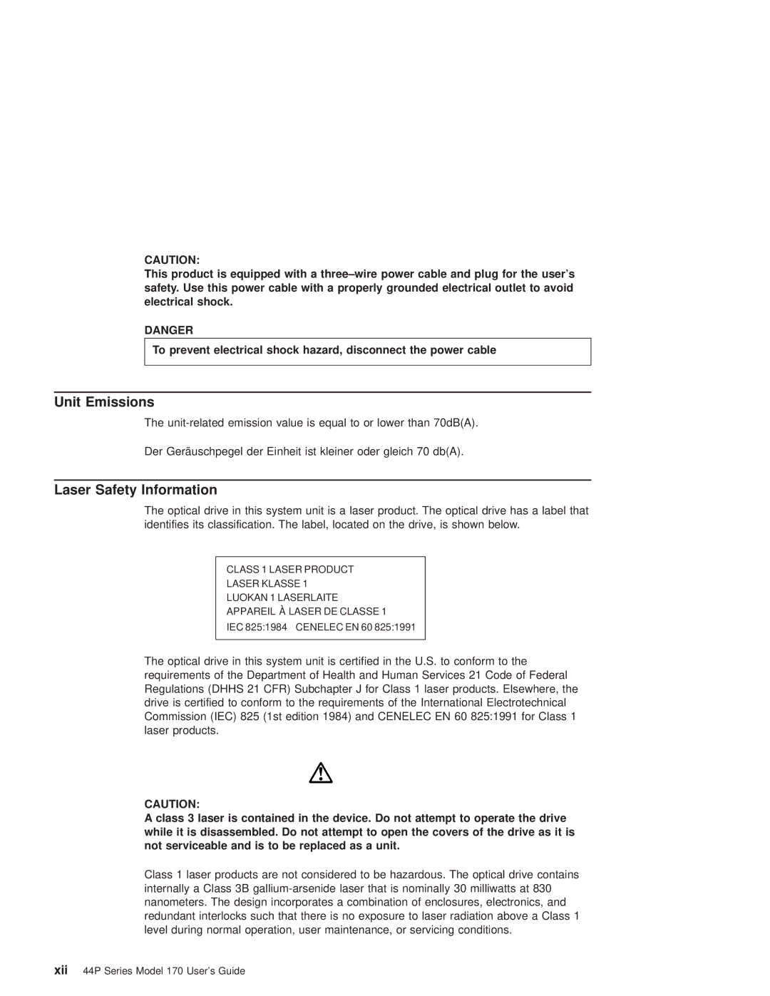 IBM RS/6000 44P manual Unit Emissions, Laser Safety Information 