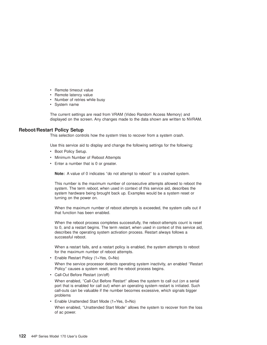 IBM RS/6000 44P manual Reboot/Restart Policy Setup 