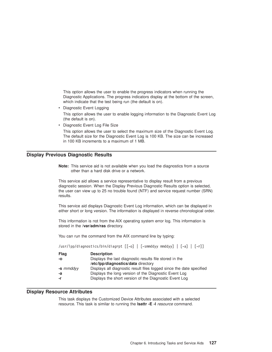 IBM RS/6000 44P manual Display Previous Diagnostic Results, Display Resource Attributes 