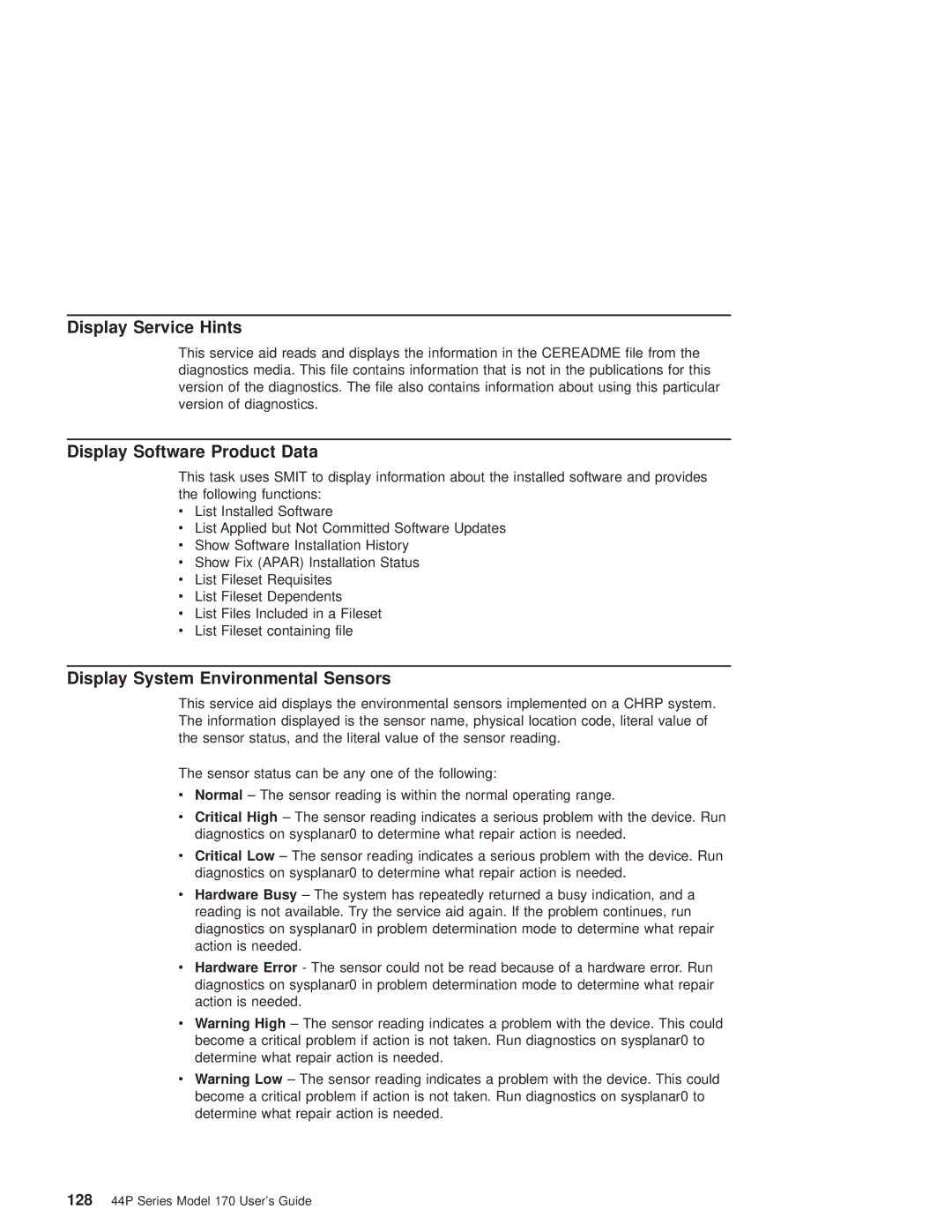 IBM RS/6000 44P manual Display Service Hints, Display Software Product Data, Display System Environmental Sensors 