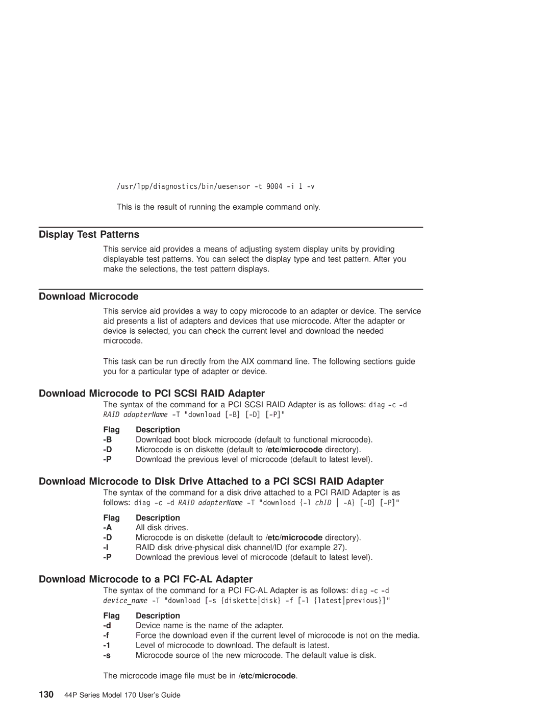 IBM RS/6000 44P manual Display Test Patterns, Download Microcode to PCI Scsi RAID Adapter 