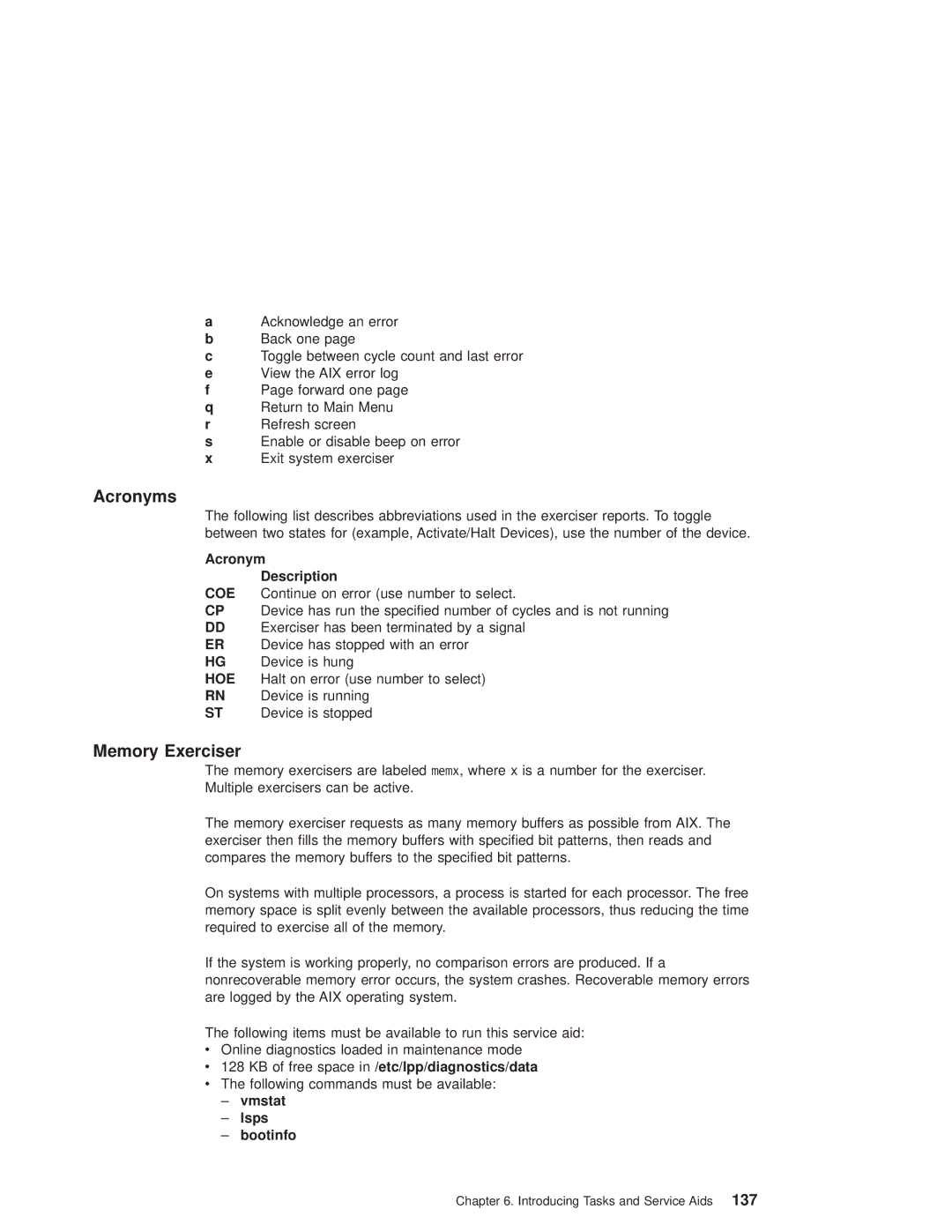 IBM RS/6000 44P manual Acronyms, Memory Exerciser, Acronym Description, KB of free space in /etc/lpp/diagnostics/data 