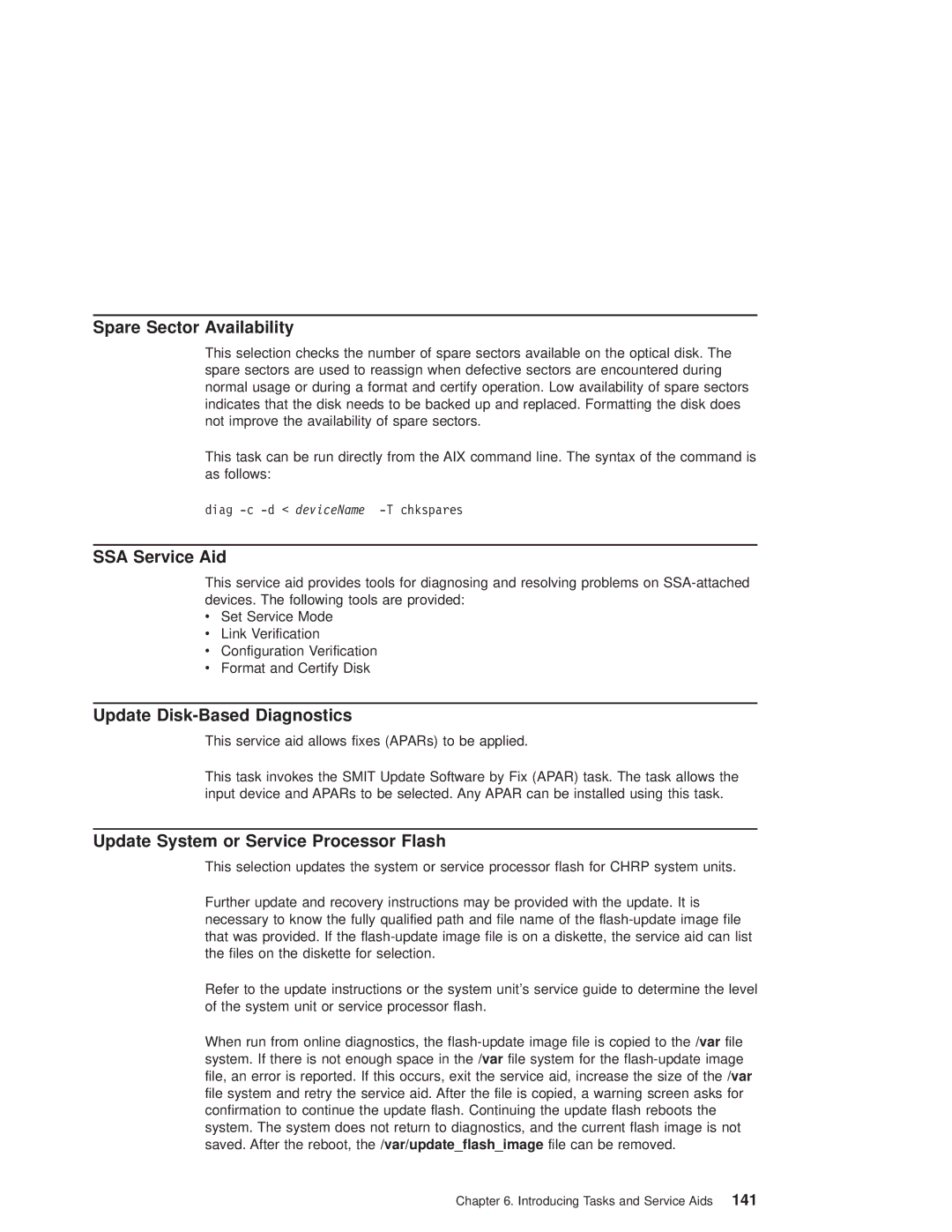 IBM RS/6000 44P manual Spare Sector Availability, SSA Service Aid, Update Disk-Based Diagnostics 