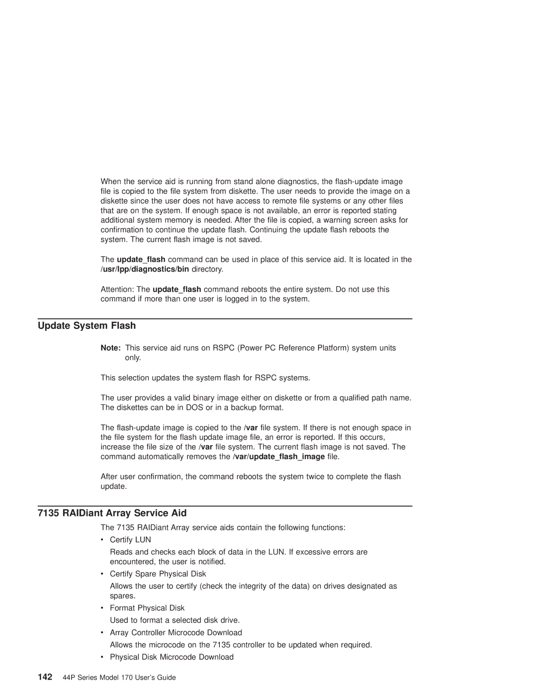 IBM RS/6000 44P manual Update System Flash, RAIDiant Array Service Aid 