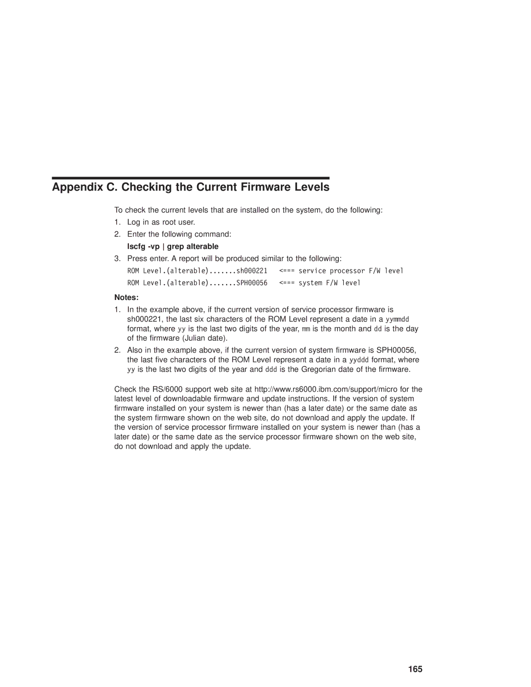 IBM RS/6000 44P manual Appendix C. Checking the Current Firmware Levels 