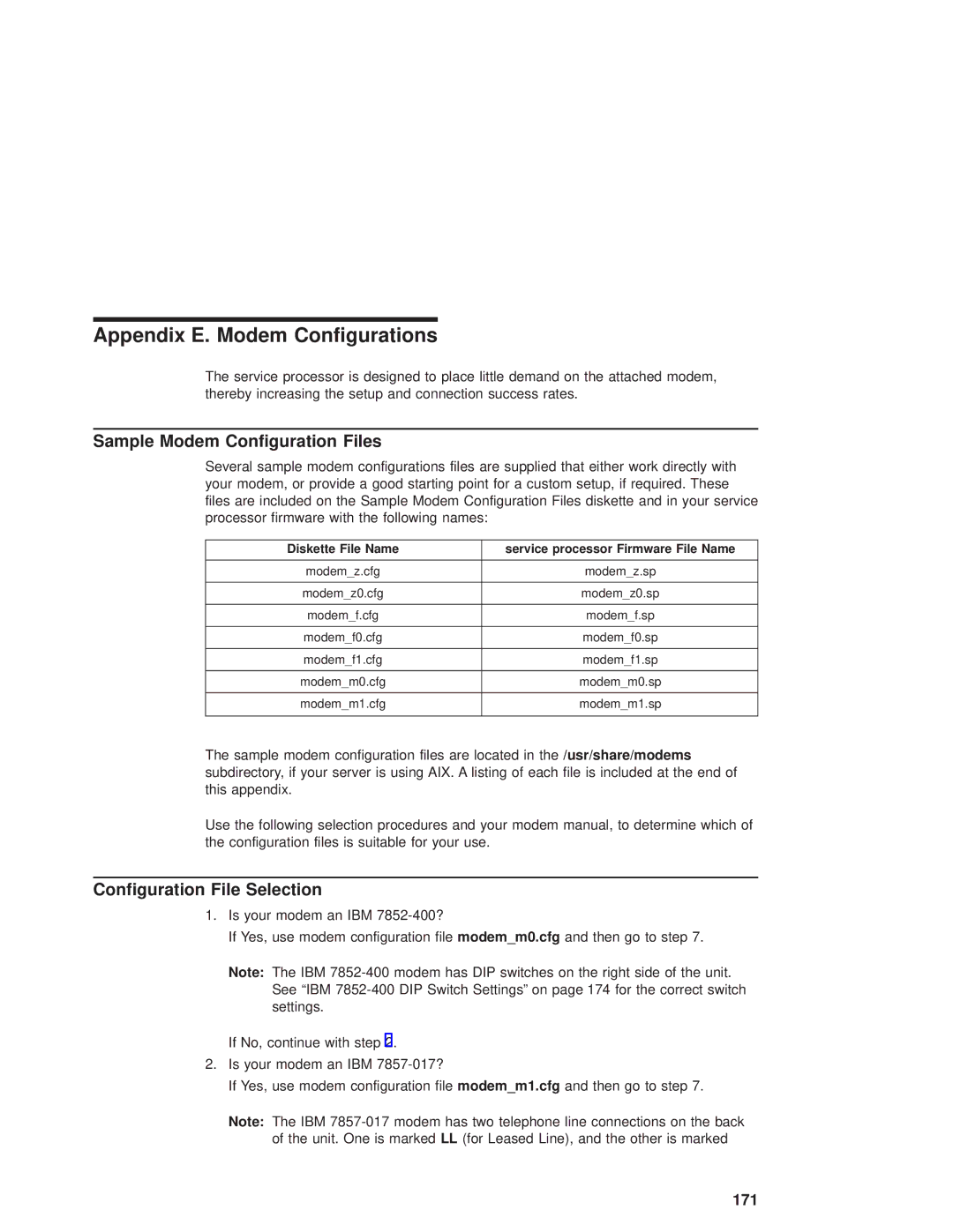 IBM RS/6000 44P manual Appendix E. Modem Configurations, Sample Modem Configuration Files, Configuration File Selection 