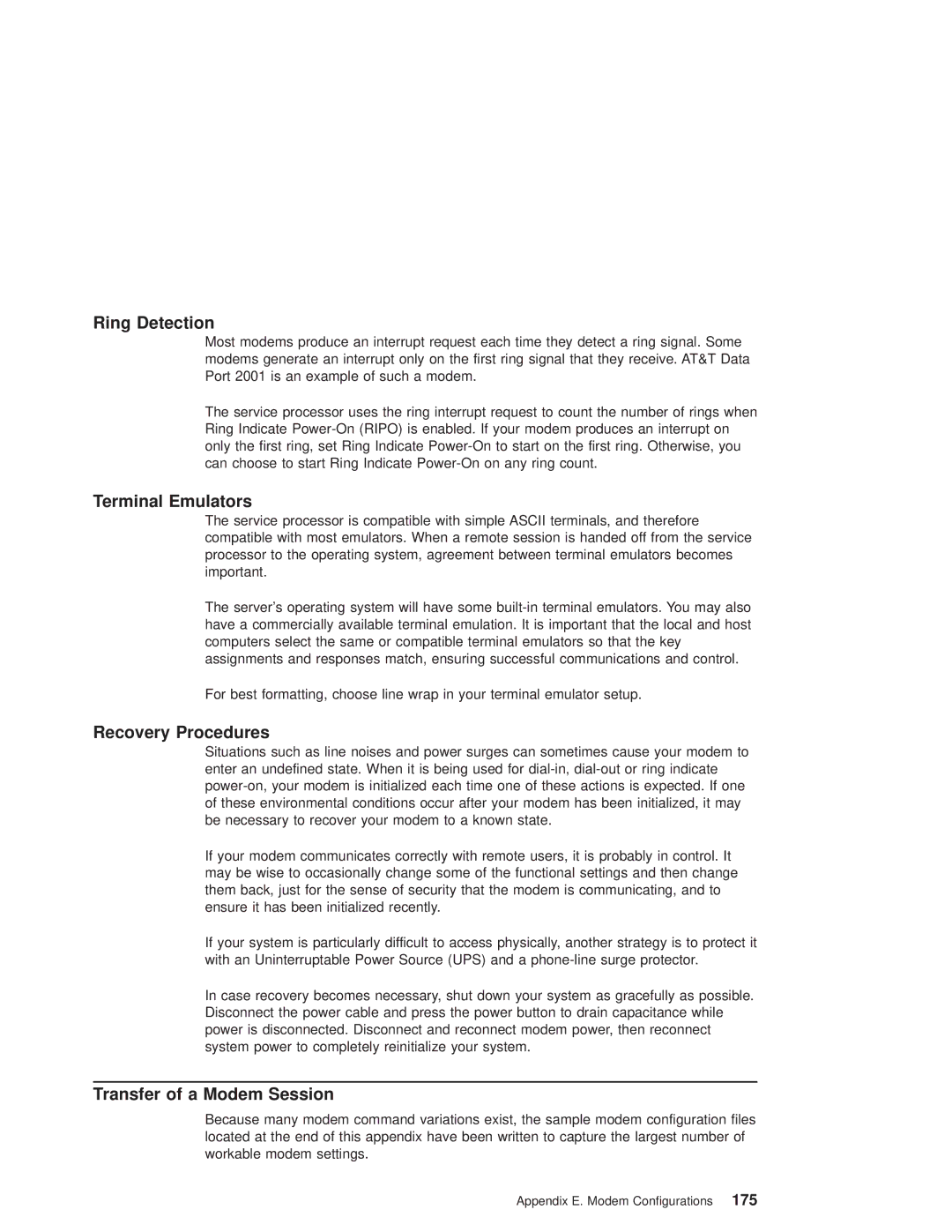 IBM RS/6000 44P manual Ring Detection, Terminal Emulators, Recovery Procedures, Transfer of a Modem Session 