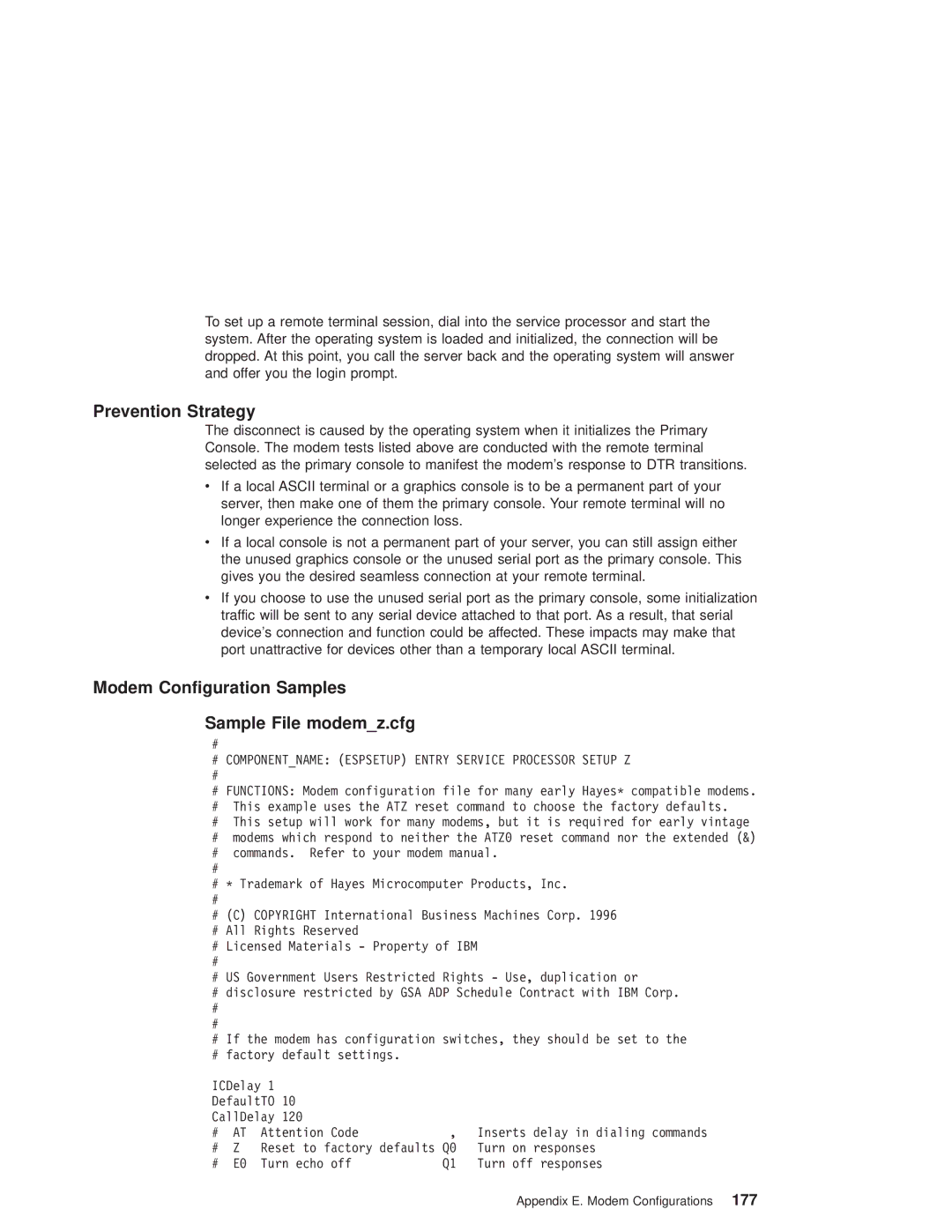 IBM RS/6000 44P manual Prevention Strategy, Modem Configuration Samples Sample File modemz.cfg 