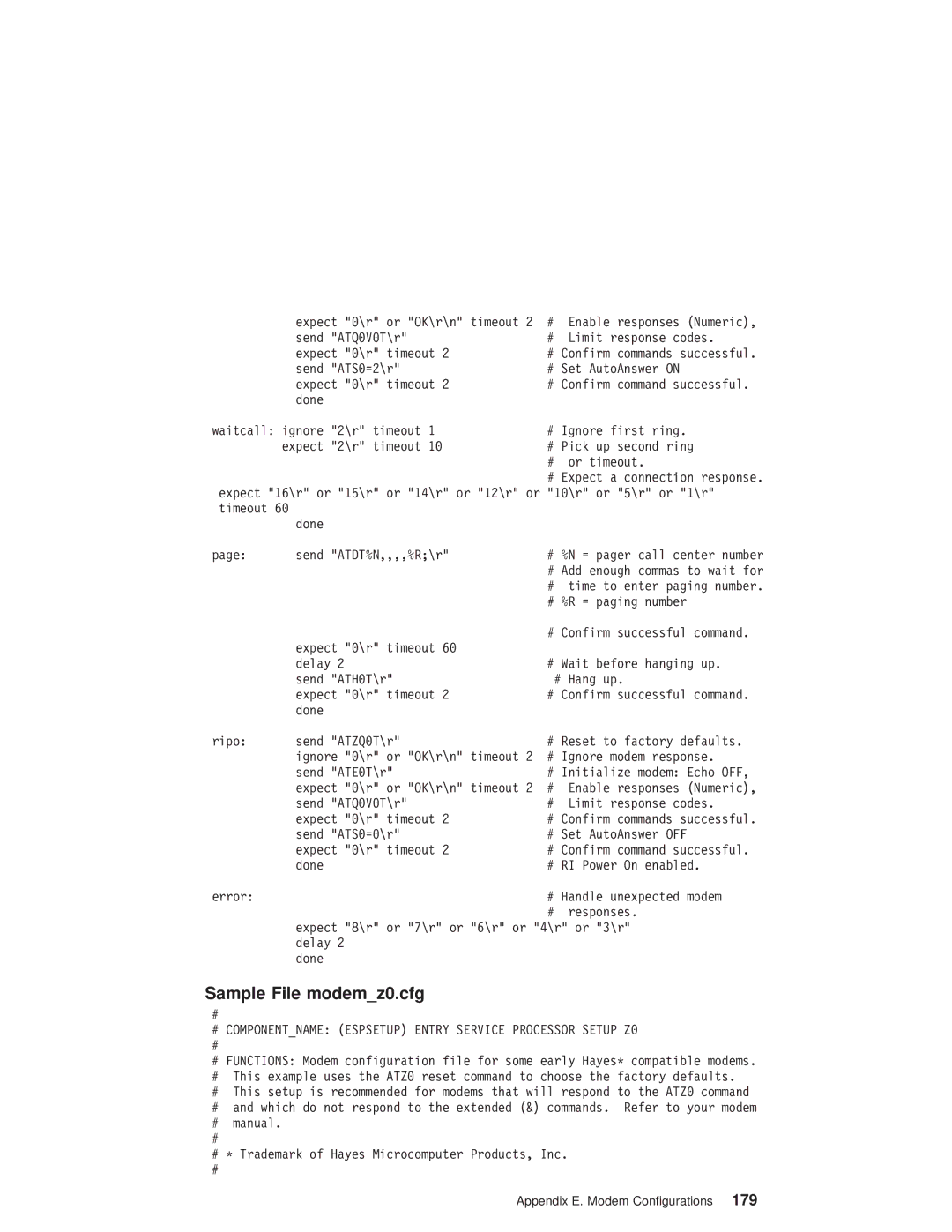 IBM RS/6000 44P manual Sample File modemz0.cfg, # Componentname Espsetup Entry Service Processor Setup Z0 