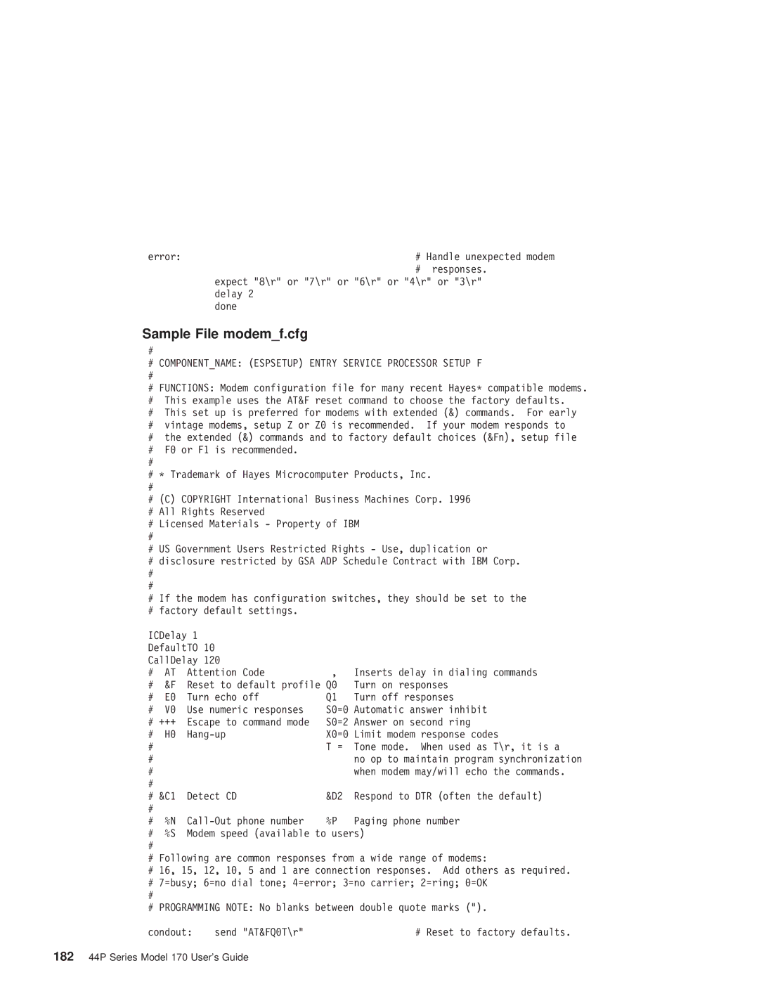 IBM RS/6000 44P manual Sample File modemf.cfg, # Componentname Espsetup Entry Service Processor Setup F 