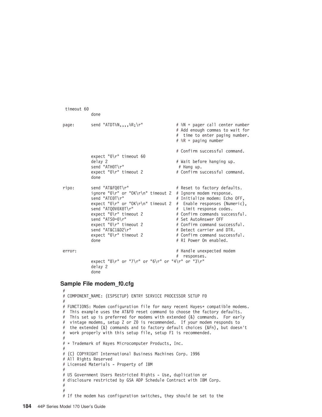 IBM RS/6000 44P manual Sample File modemf0.cfg, # Componentname Espsetup Entry Service Processor Setup F0 