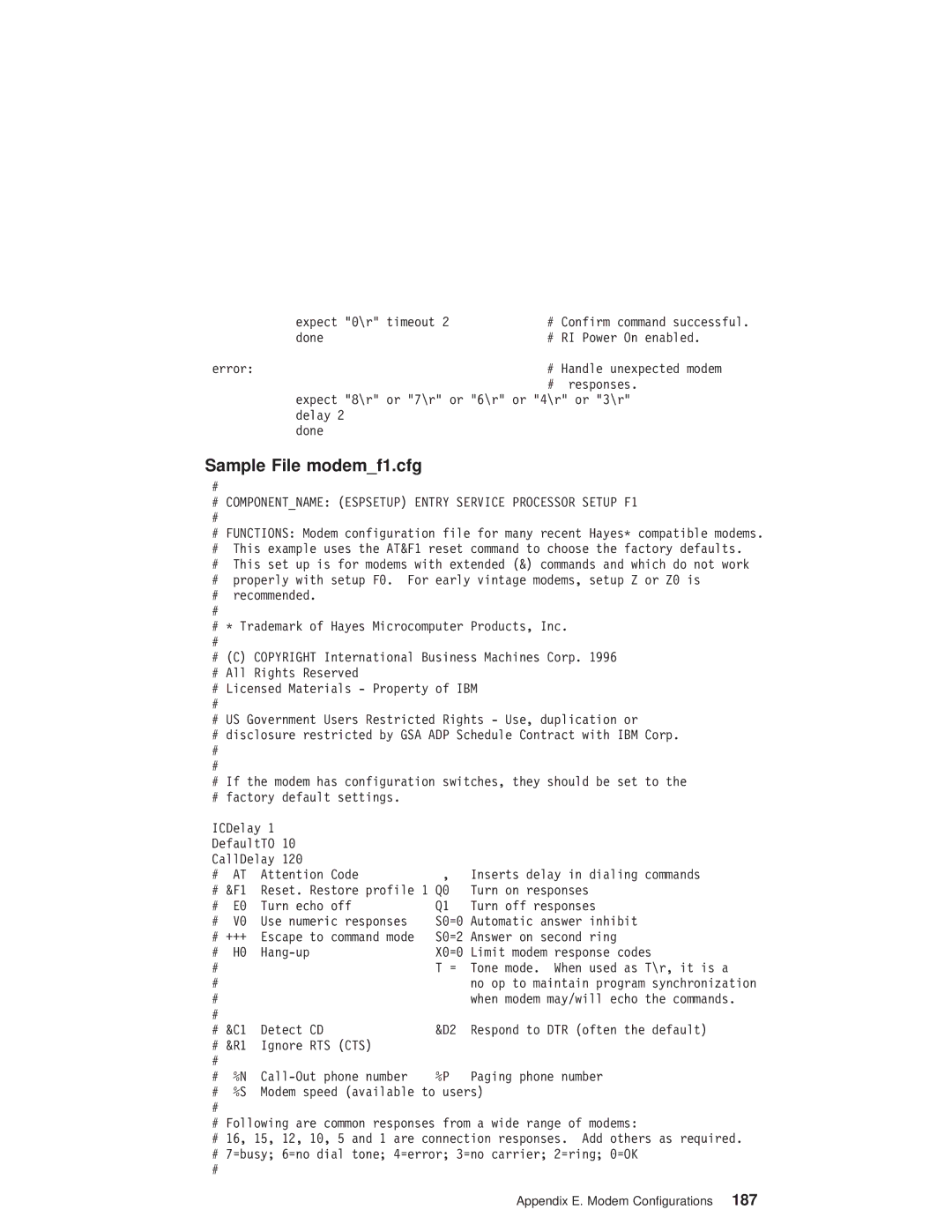 IBM RS/6000 44P manual Sample File modemf1.cfg, # Componentname Espsetup Entry Service Processor Setup F1 