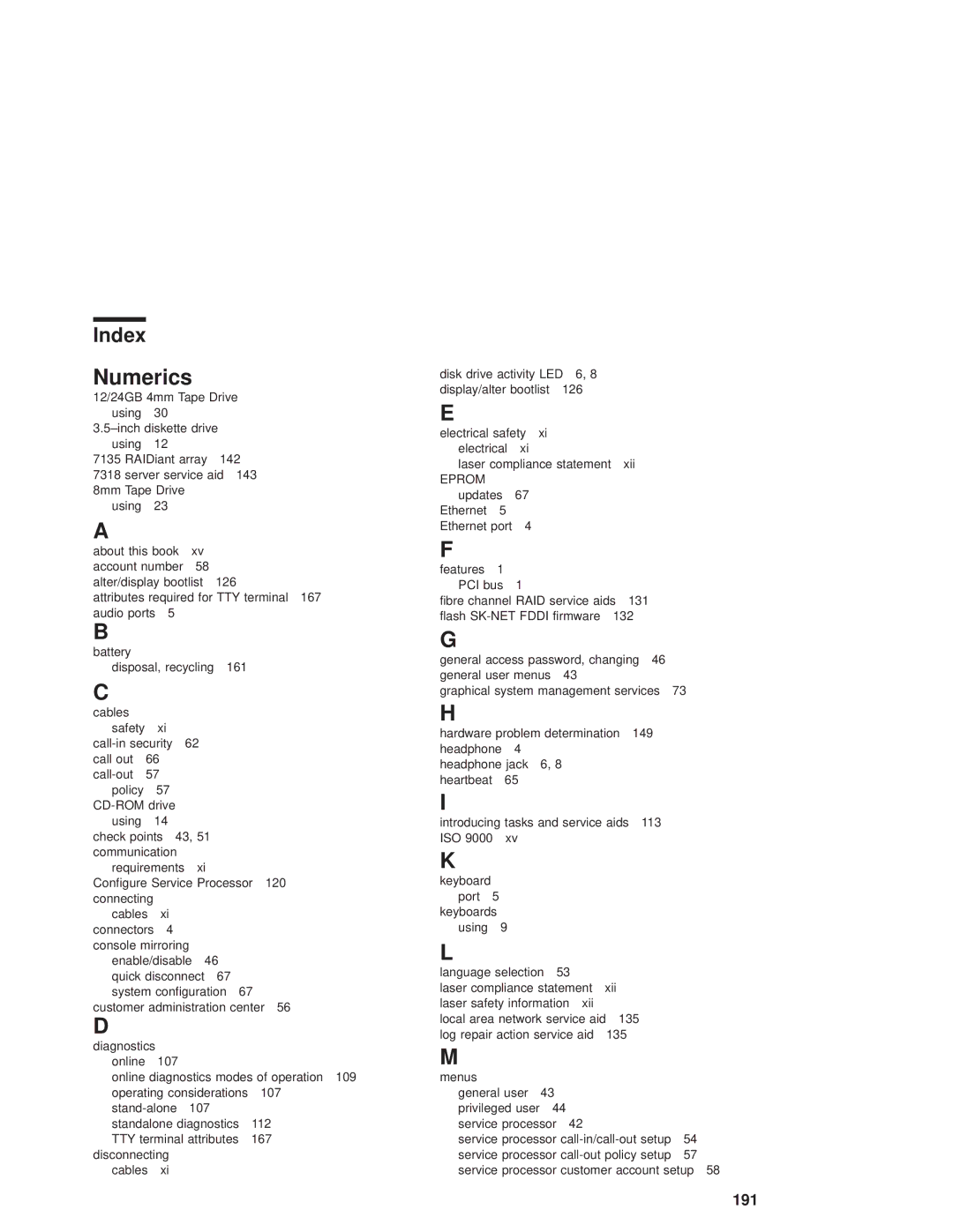 IBM RS/6000 44P manual Numerics, Index 