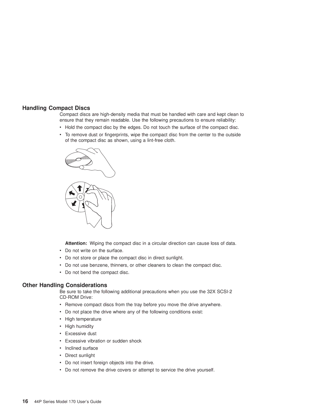 IBM RS/6000 44P manual Handling Compact Discs, Other Handling Considerations 