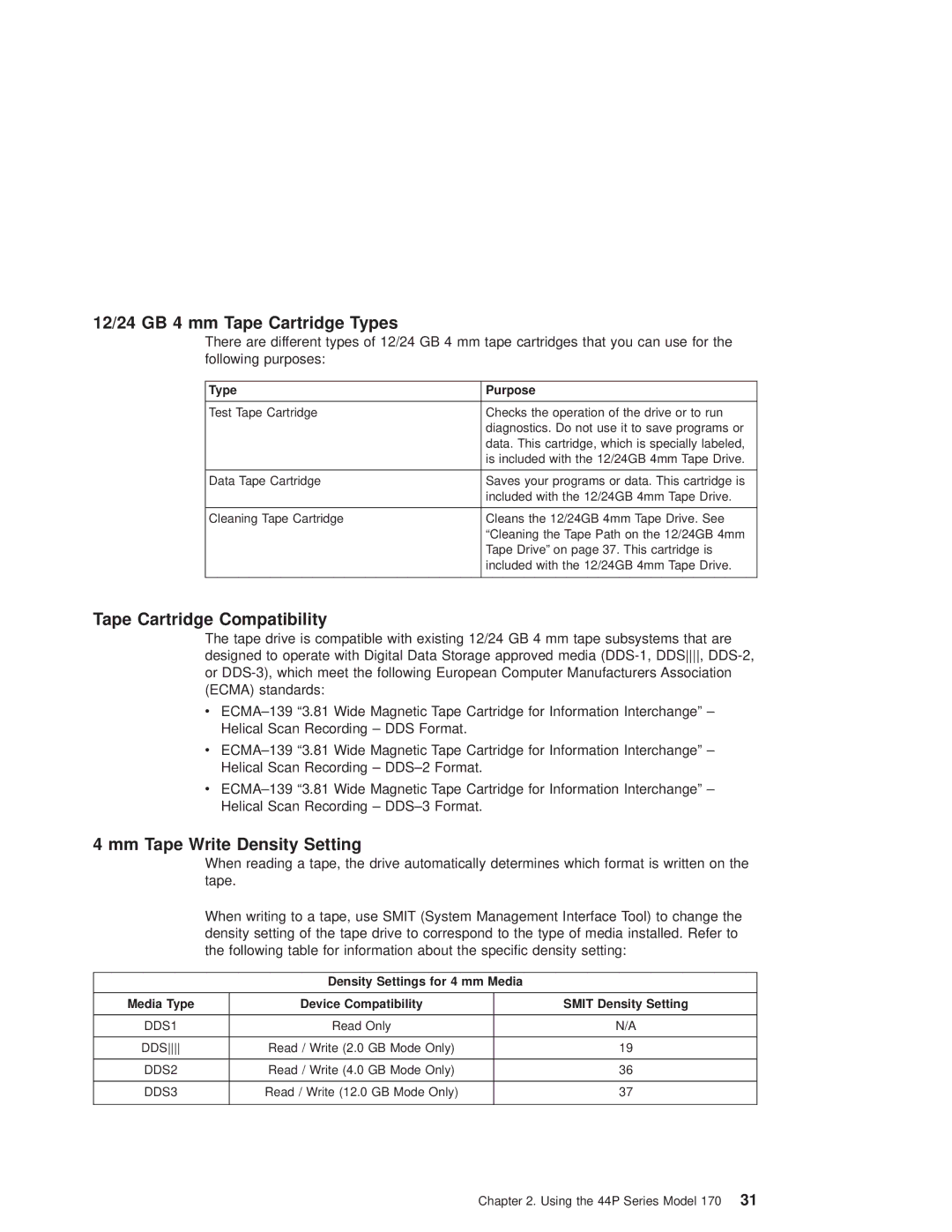 IBM RS/6000 44P manual 12/24 GB 4 mm Tape Cartridge Types, Mm Tape Write Density Setting 