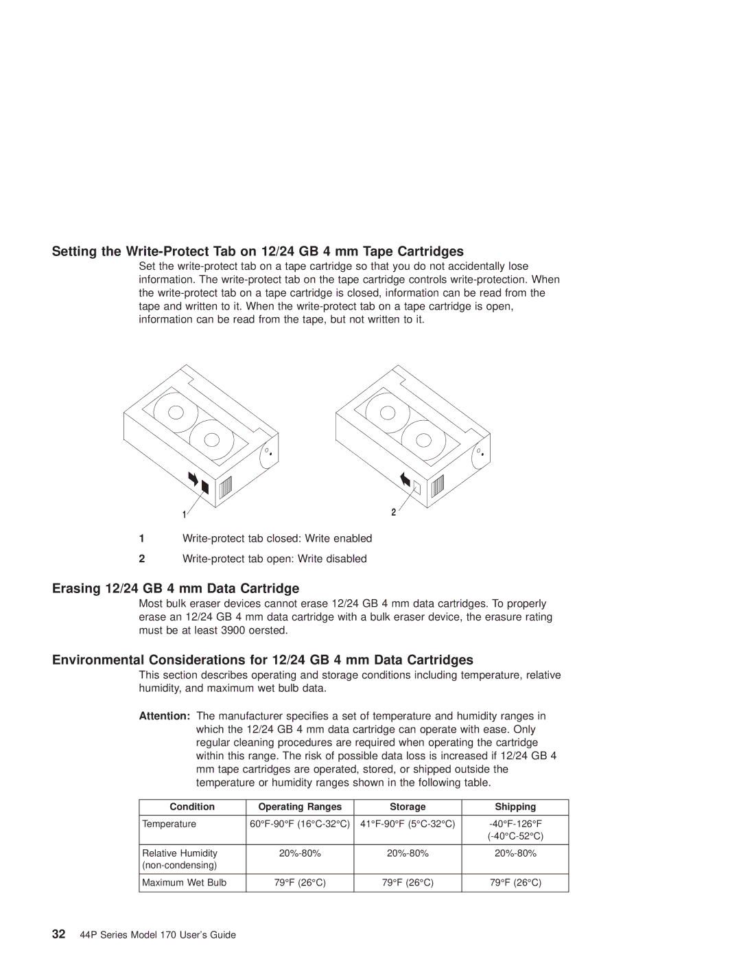 IBM RS/6000 44P manual Erasing 12/24 GB 4 mm Data Cartridge, Condition Operating Ranges Storage Shipping 