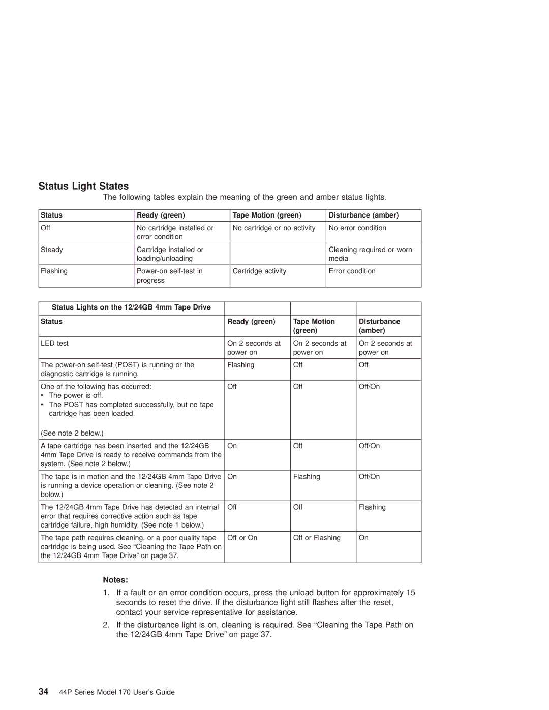 IBM RS/6000 44P manual Status Light States, Status Ready green Tape Motion green Disturbance amber 