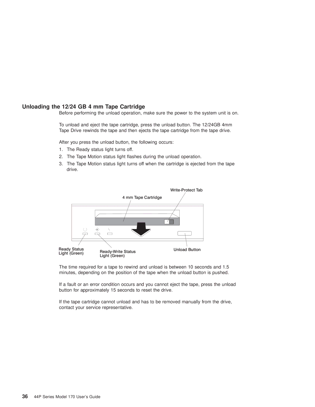 IBM RS/6000 44P manual Unloading the 12/24 GB 4 mm Tape Cartridge 