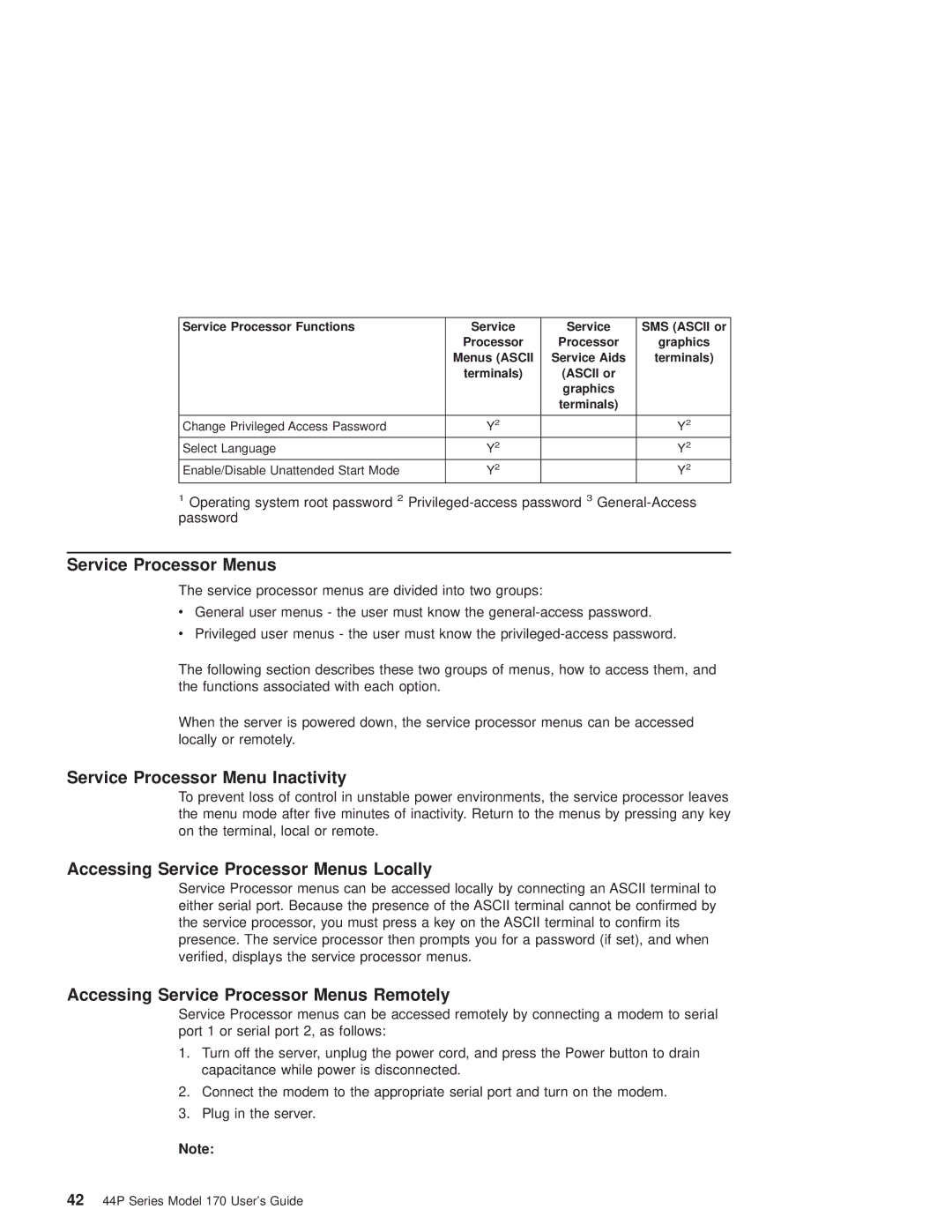 IBM RS/6000 44P manual Service Processor Menu Inactivity, Accessing Service Processor Menus Locally 