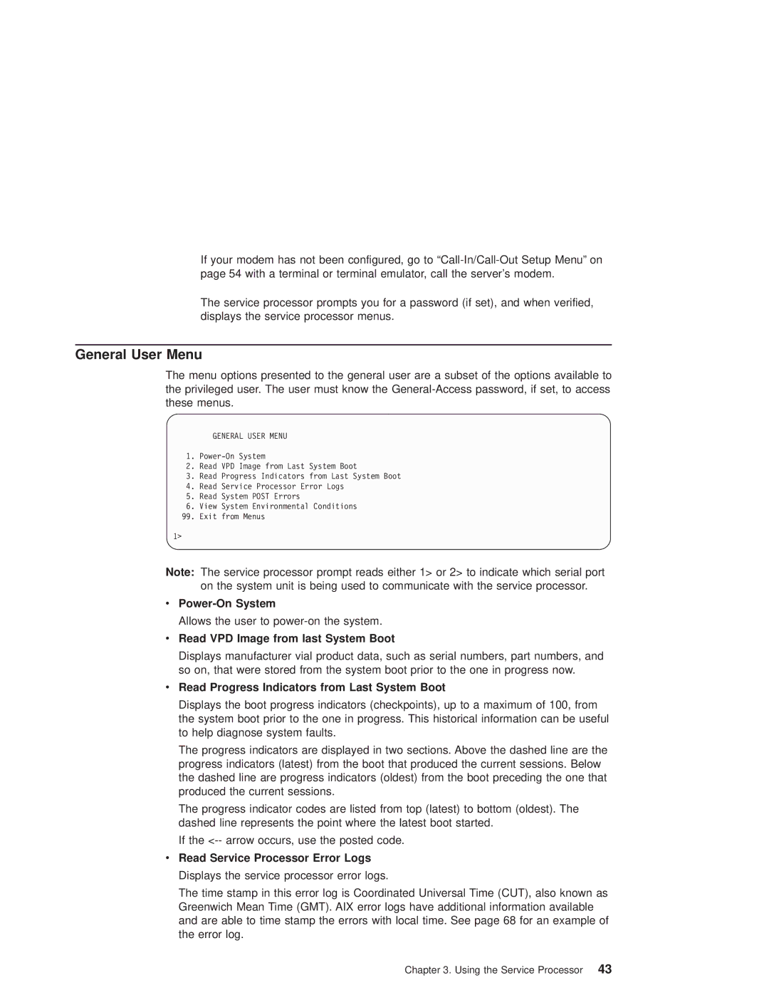 IBM RS/6000 44P manual General User Menu, Power-On System, Read VPD Image from last System Boot 