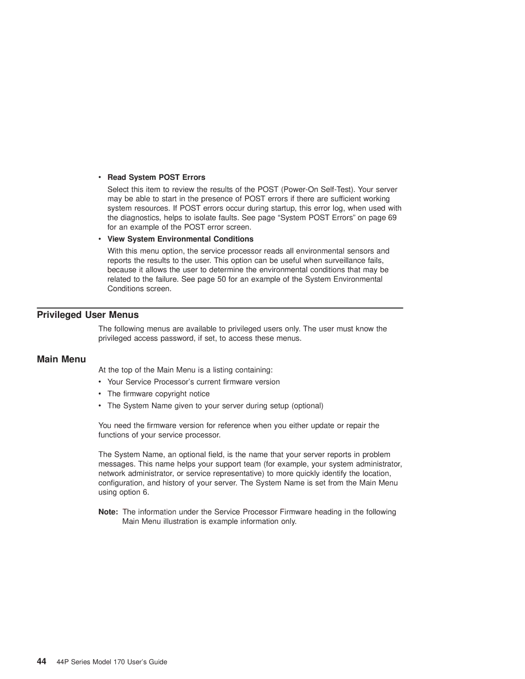 IBM RS/6000 44P manual Privileged User Menus, Main Menu, Read System Post Errors, View System Environmental Conditions 