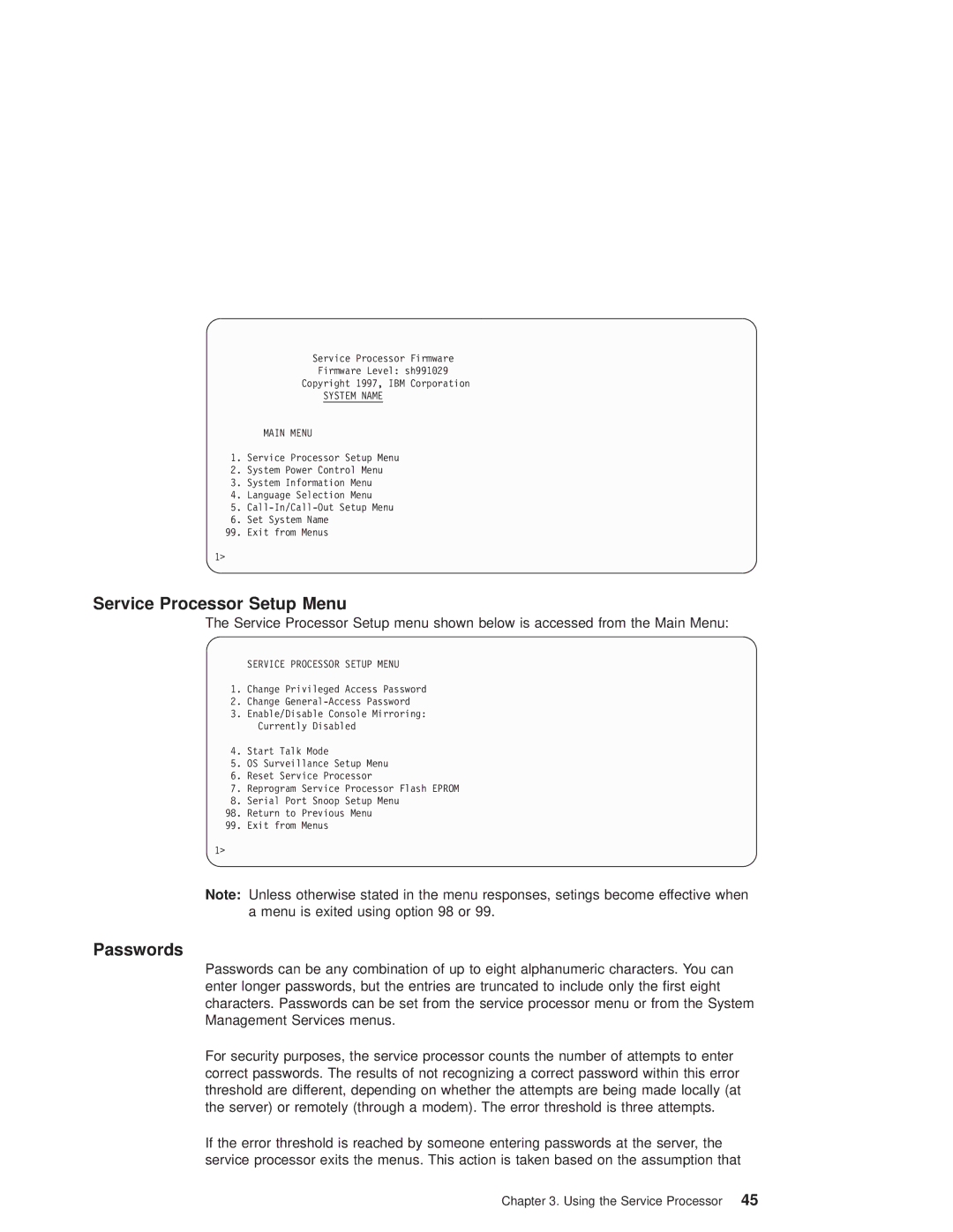 IBM RS/6000 44P manual Service Processor Setup Menu, Passwords 