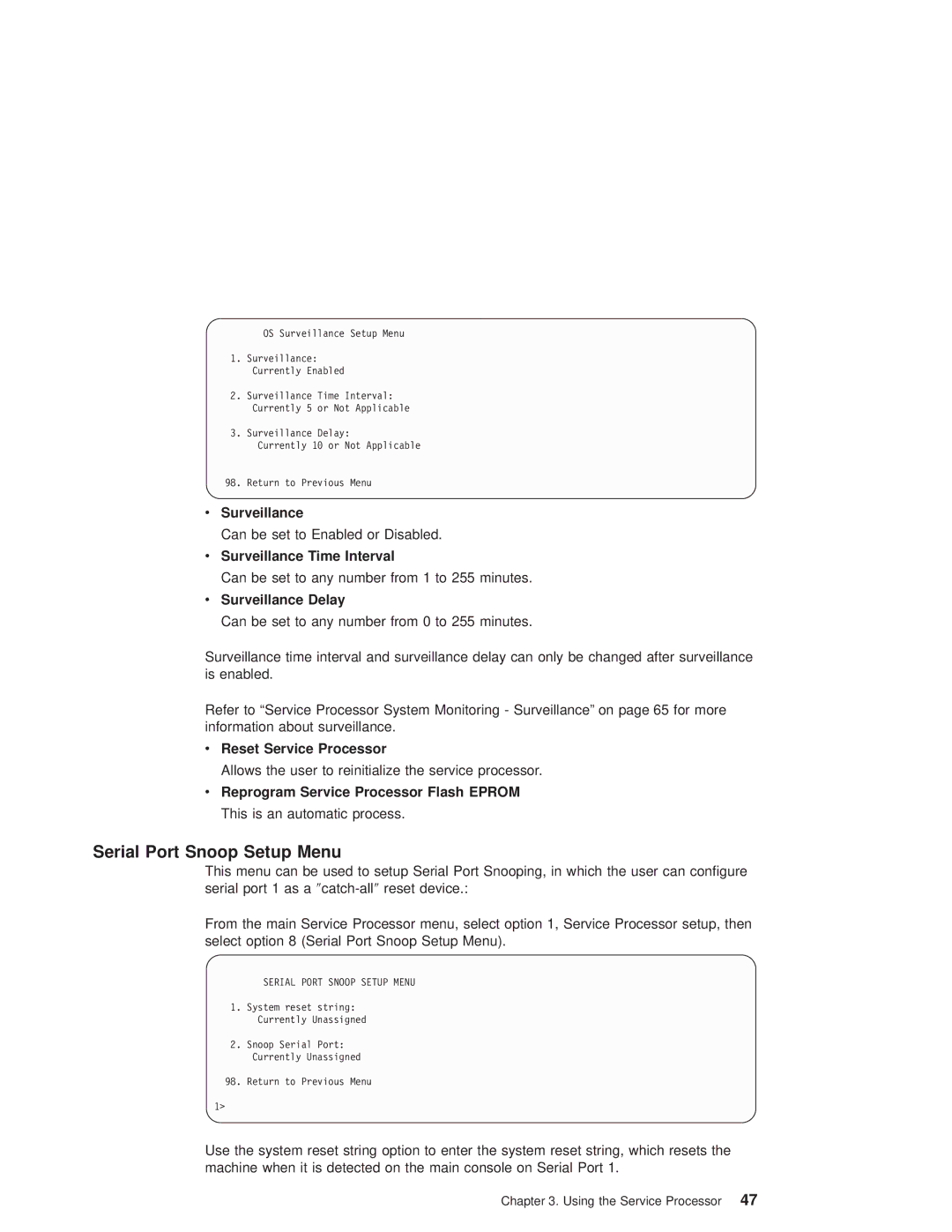 IBM RS/6000 44P Serial Port Snoop Setup Menu, Surveillance Time Interval, Surveillance Delay, Reset Service Processor 