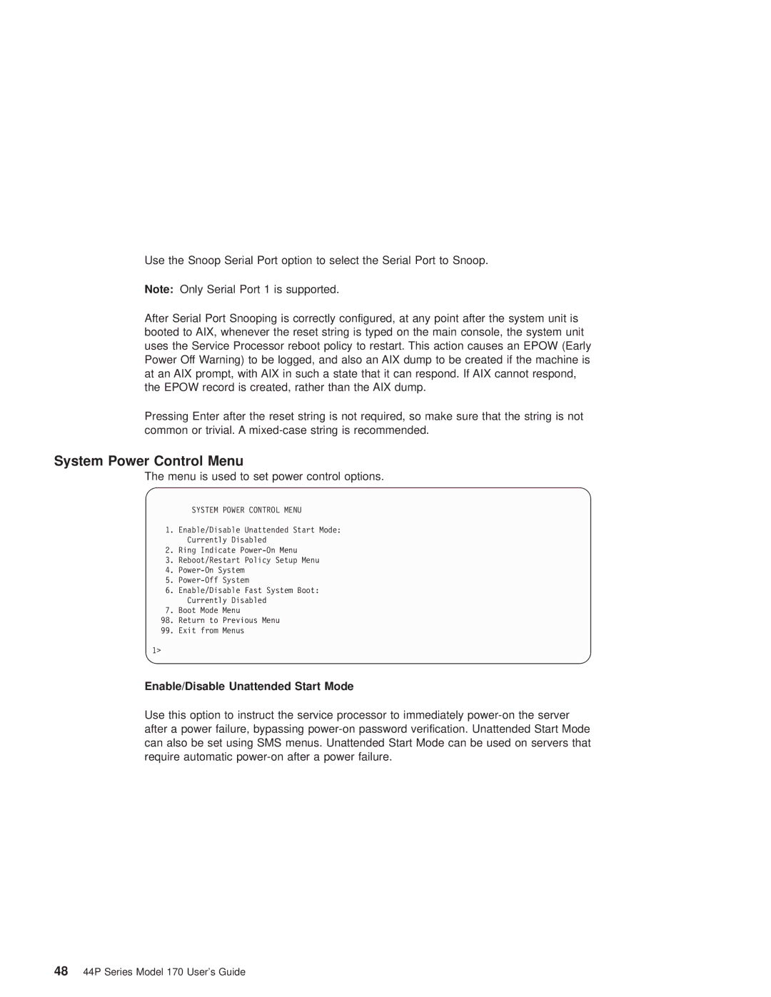 IBM RS/6000 44P manual System Power Control Menu, Enable/Disable Unattended Start Mode 