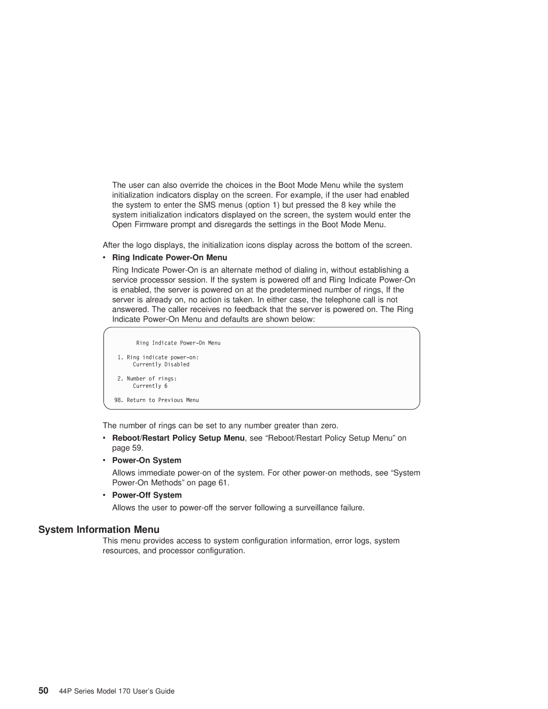 IBM RS/6000 44P manual System Information Menu, Ring Indicate Power-On Menu, Power-Off System 