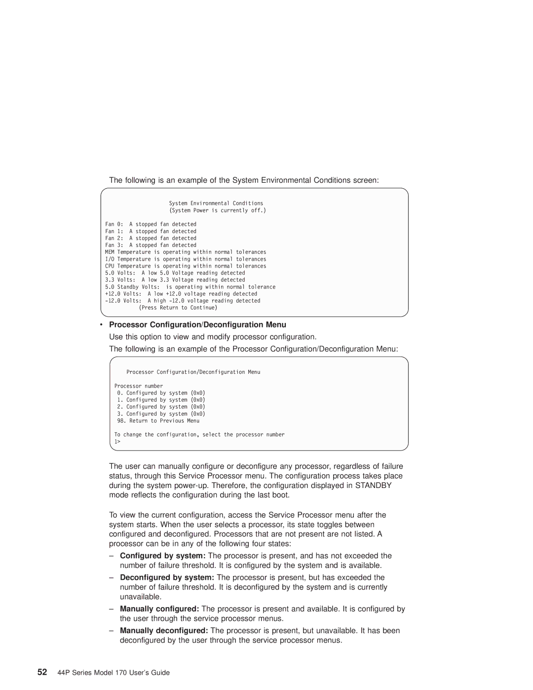 IBM RS/6000 44P manual Processor Configuration/Deconfiguration Menu 