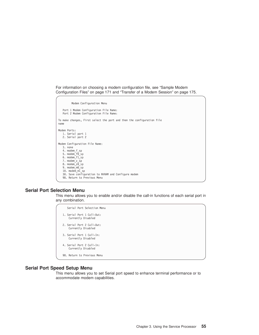 IBM RS/6000 44P manual Serial Port Selection Menu, Serial Port Speed Setup Menu 