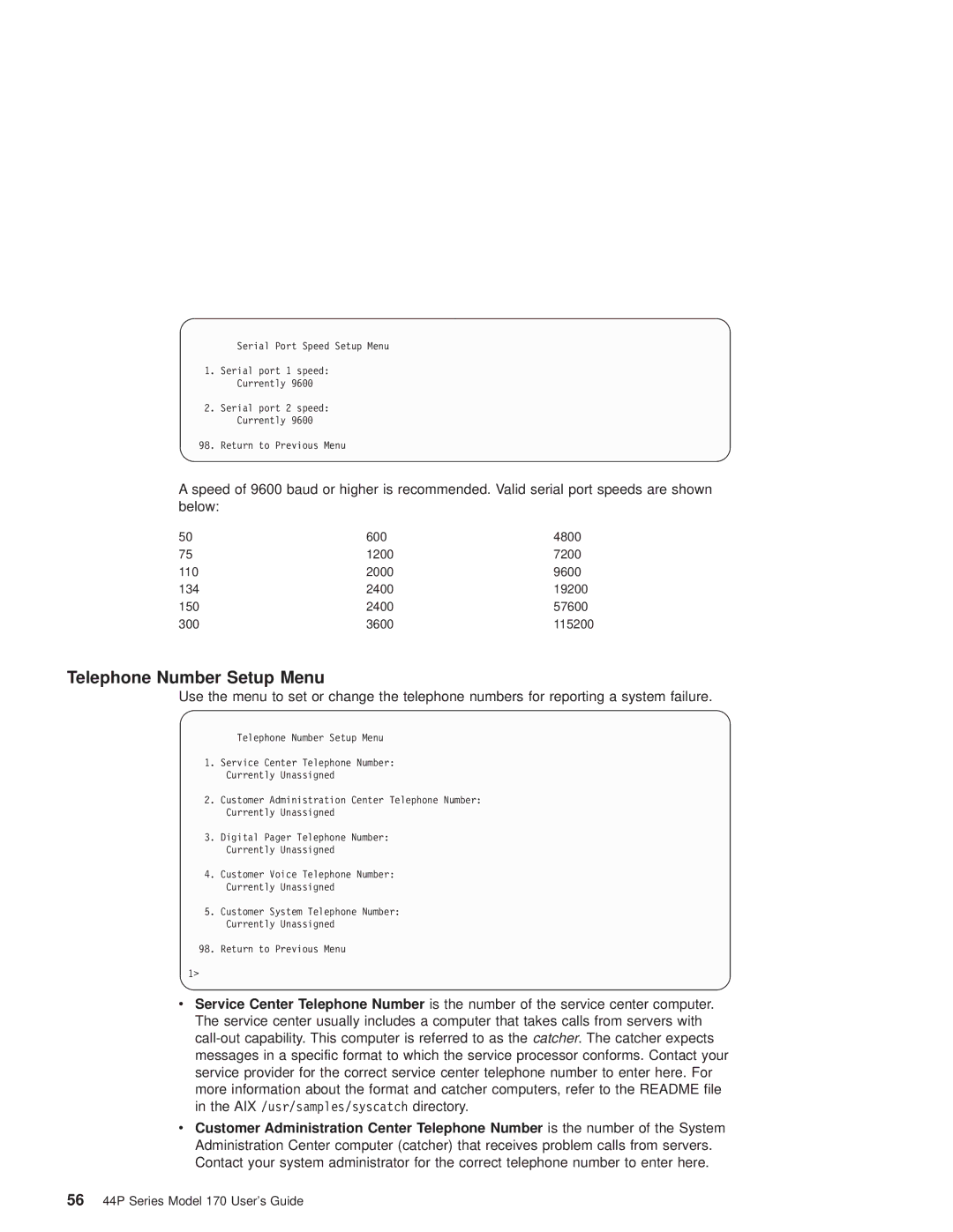 IBM RS/6000 44P manual Telephone Number Setup Menu 