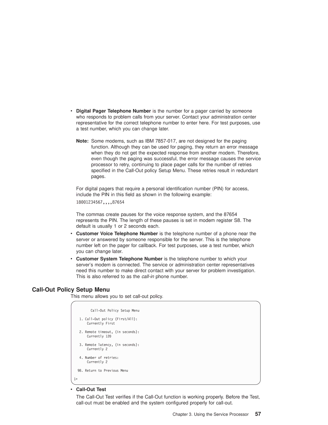 IBM RS/6000 44P manual Call-Out Policy Setup Menu, Call-Out Test 