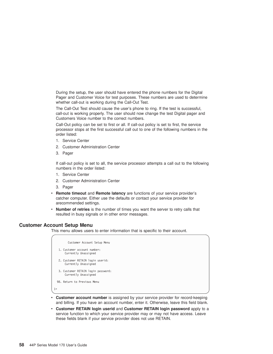 IBM RS/6000 44P manual Customer Account Setup Menu 