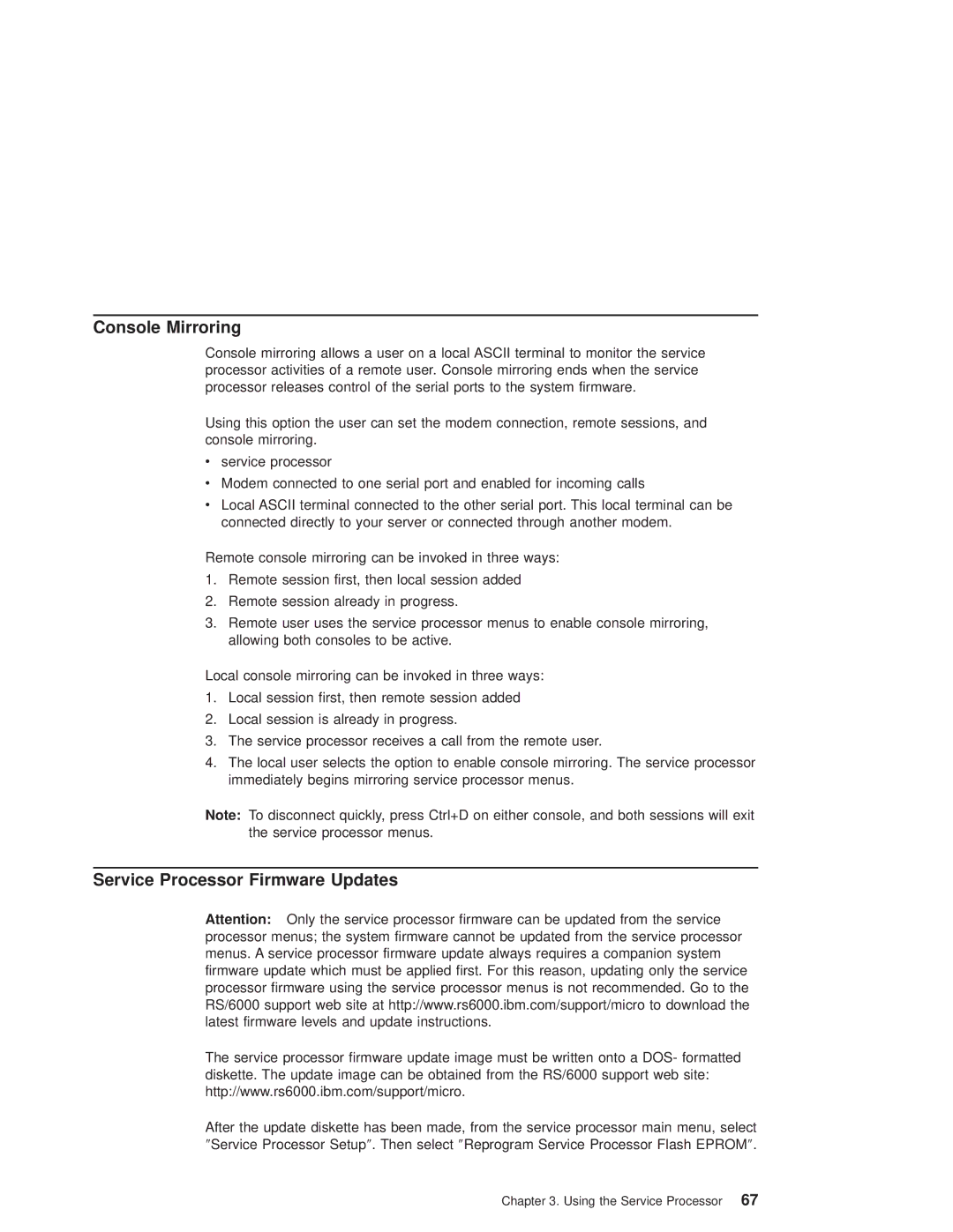 IBM RS/6000 44P manual Console Mirroring, Service Processor Firmware Updates 