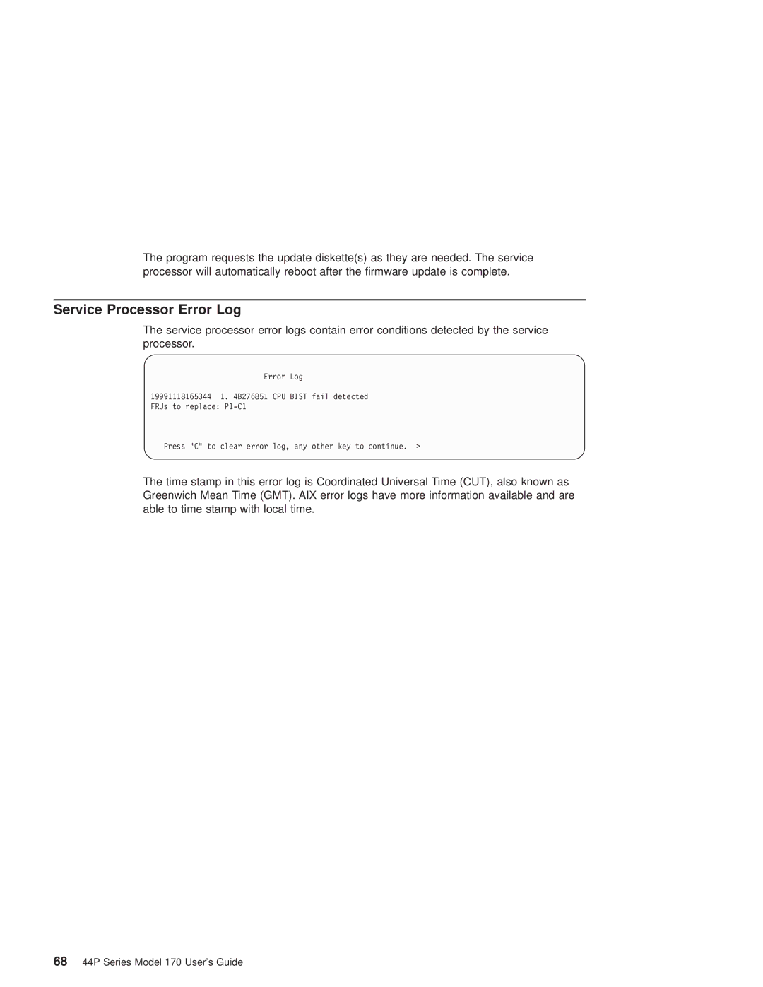 IBM RS/6000 44P manual Service Processor Error Log 