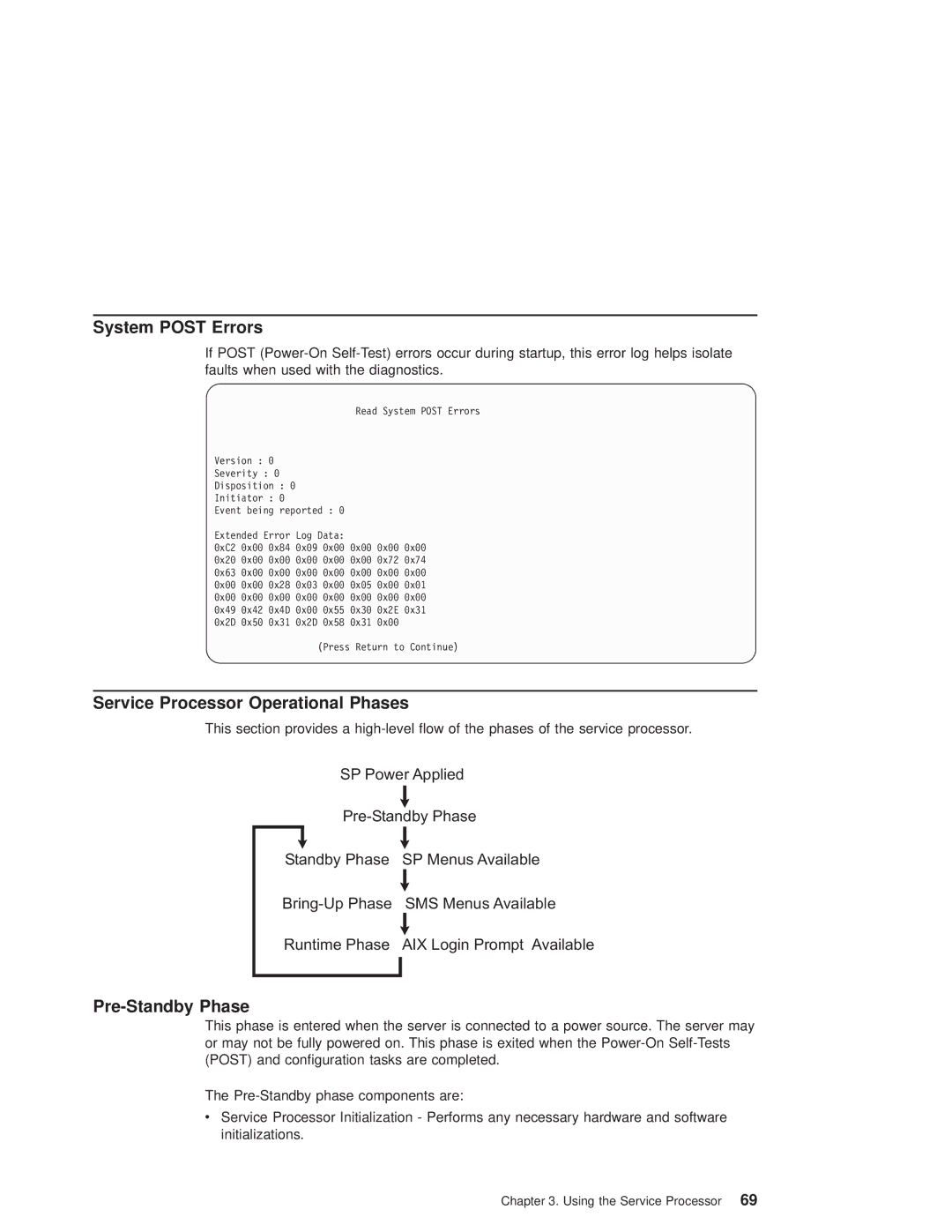 IBM RS/6000 44P manual System Post Errors, Service Processor Operational Phases, Pre-Standby Phase 