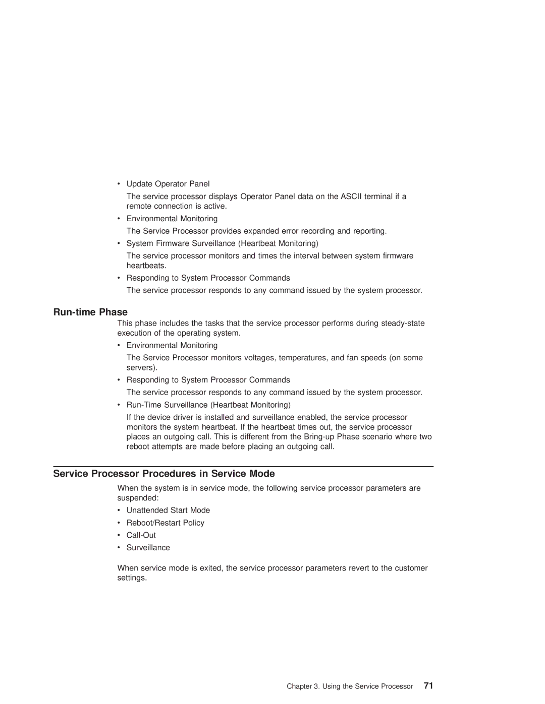 IBM RS/6000 44P manual Run-time Phase, Service Processor Procedures in Service Mode 