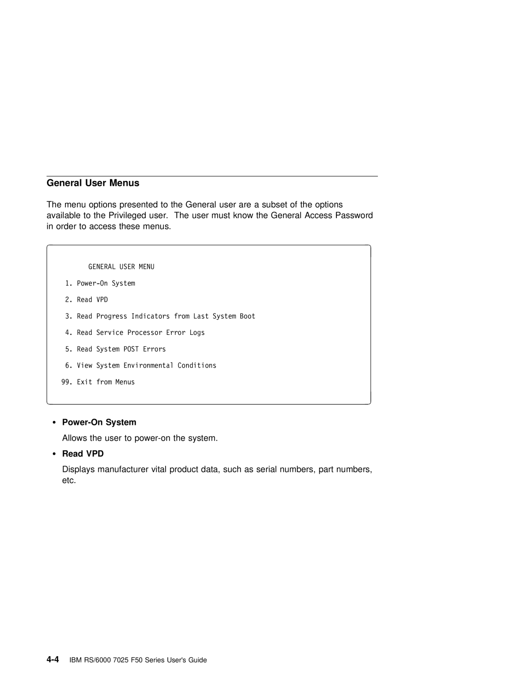 IBM RS/6000 7025 manual General User Menus, Power-On System, Read VPD 